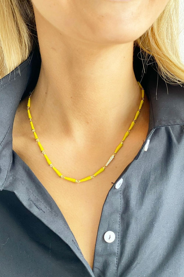 Yellow Enamel Gold Necklace with Diamonte