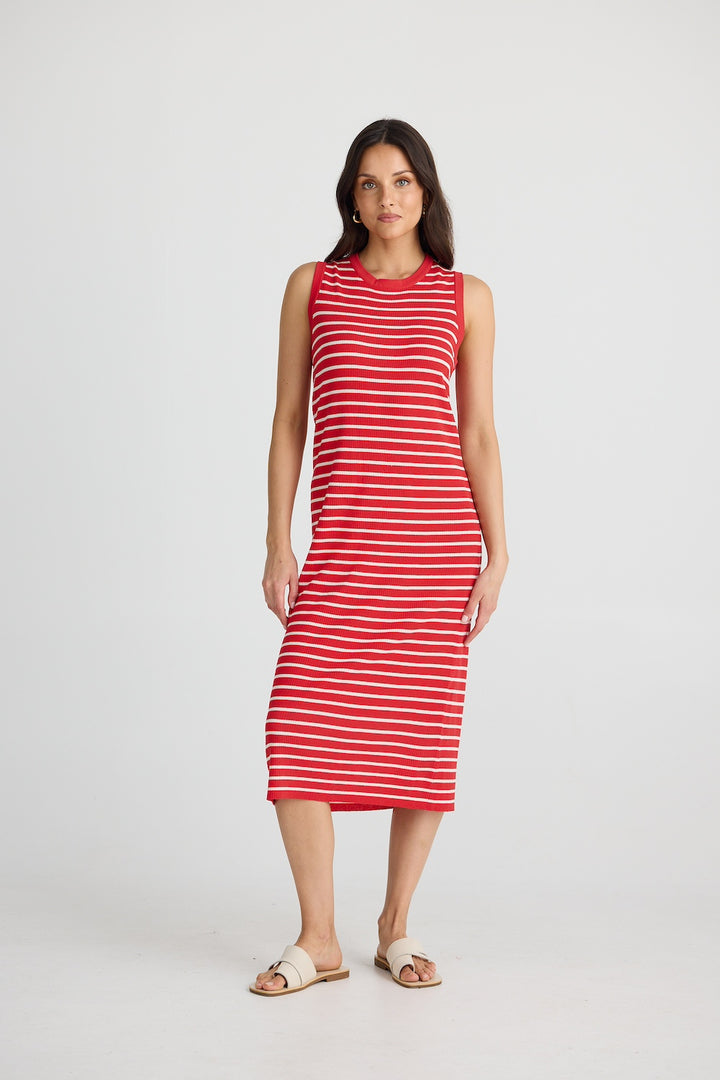 Squad Dress - Scarlet with Ecru Stripe