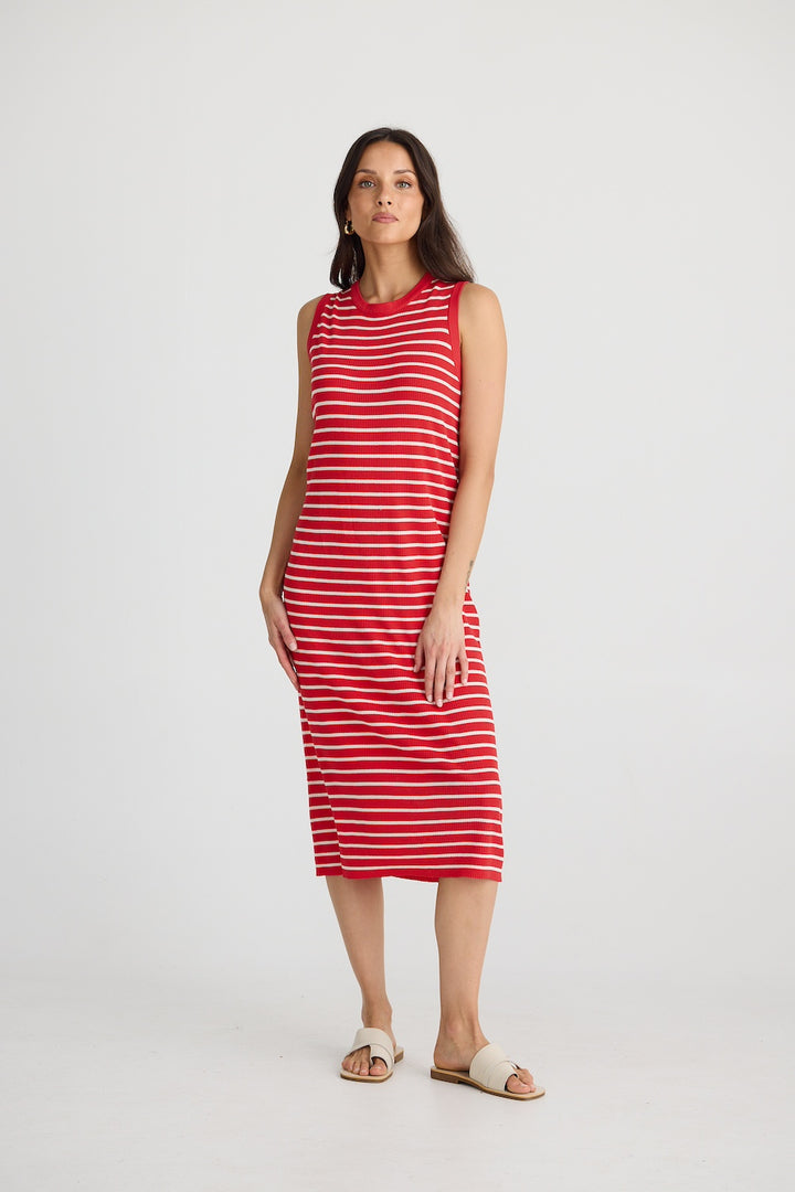 Squad Dress - Scarlet with Ecru Stripe