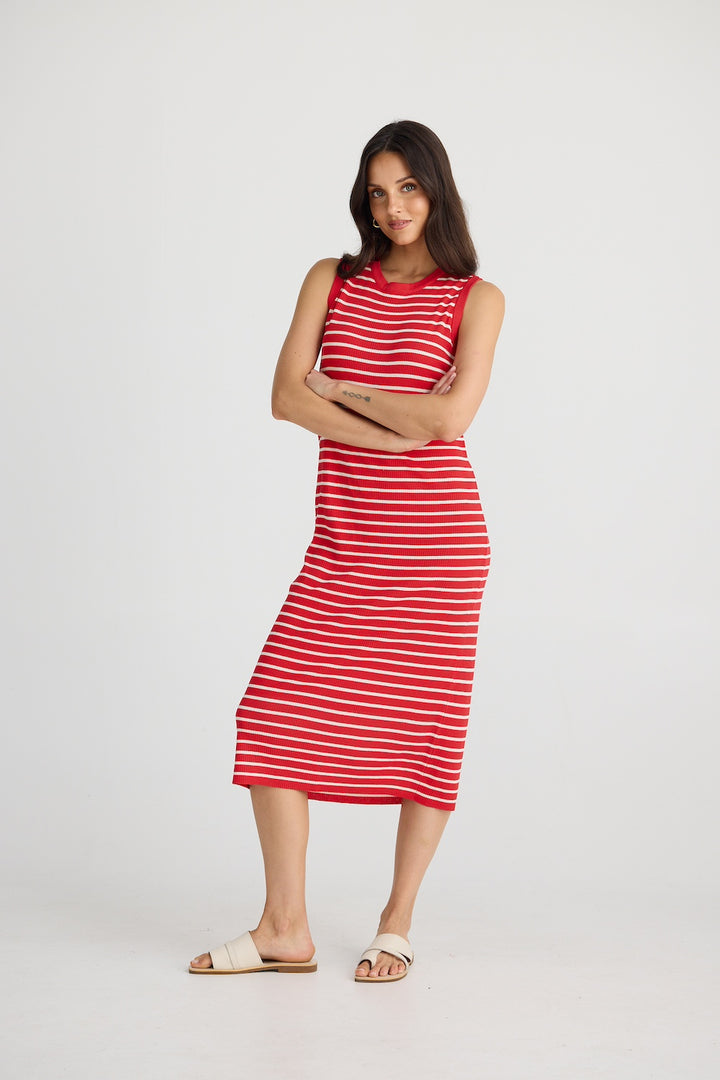 Squad Dress - Scarlet with Ecru Stripe