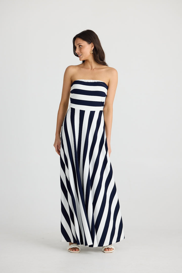 THANDIE STRAPLESS DRESS - Navy Stripe