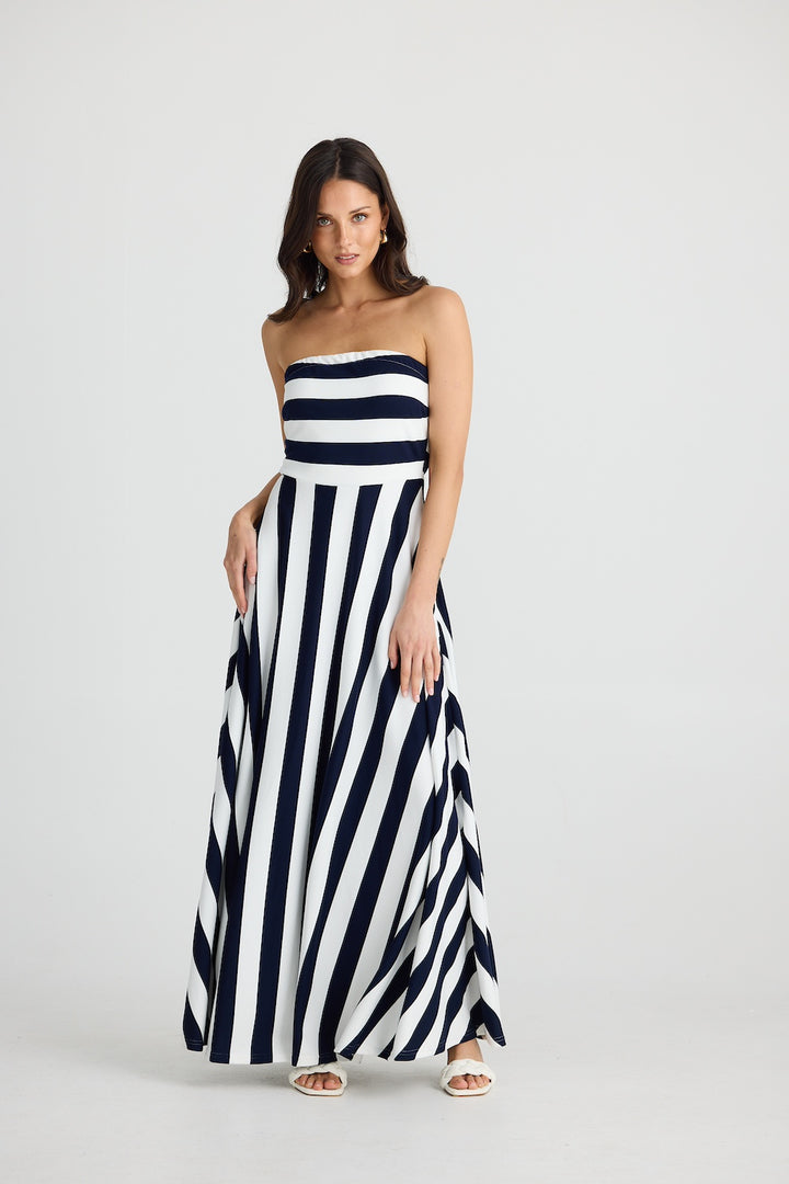 THANDIE STRAPLESS DRESS - Navy Stripe