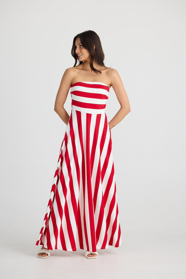 THANDIE STRAPLESS DRESS - Red Stripe