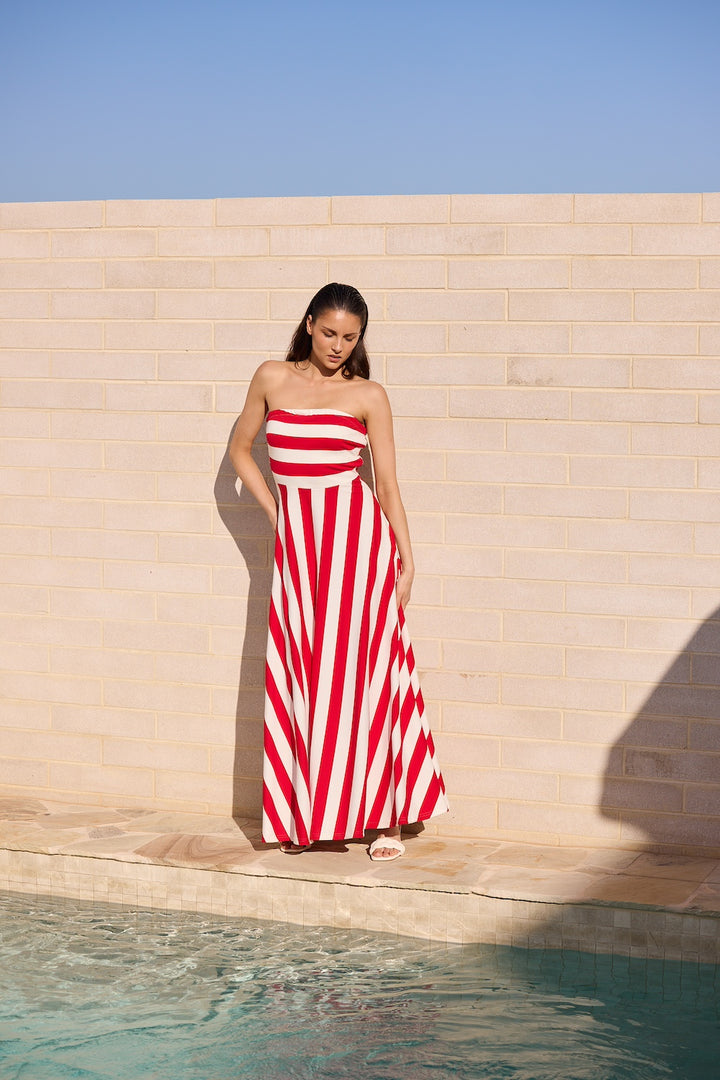 THANDIE STRAPLESS DRESS - Red Stripe