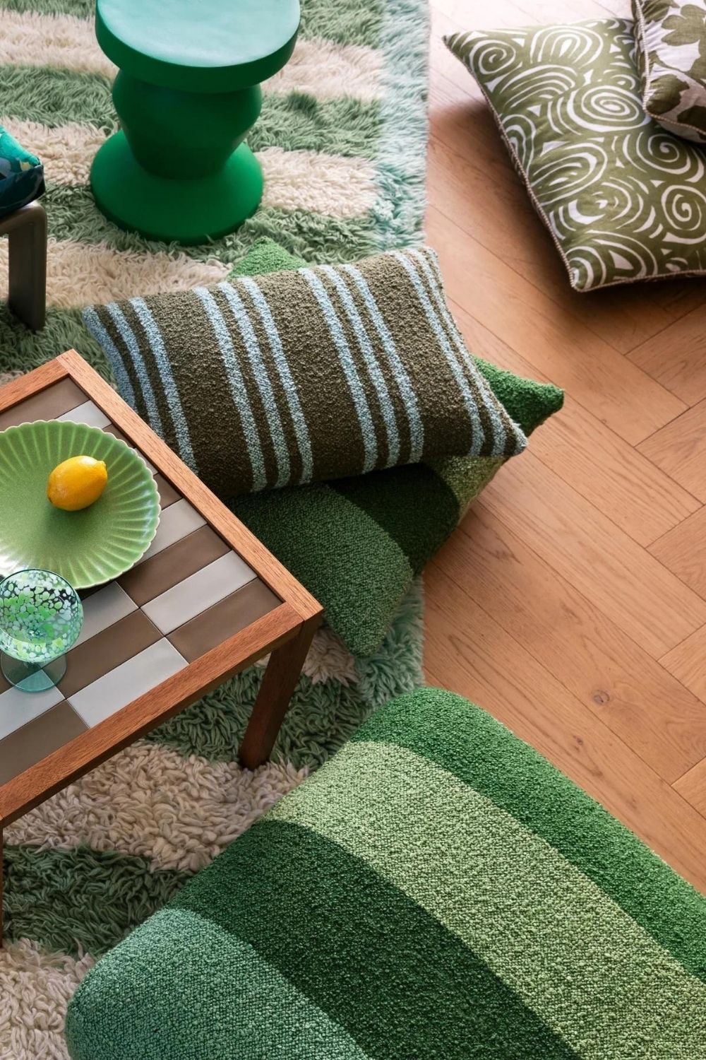 Boucle Wide Stripe Green Pouffe