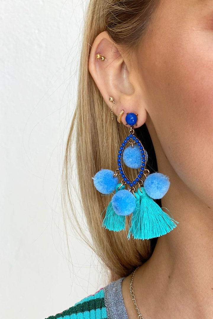 Blue Pom Pom Earrings