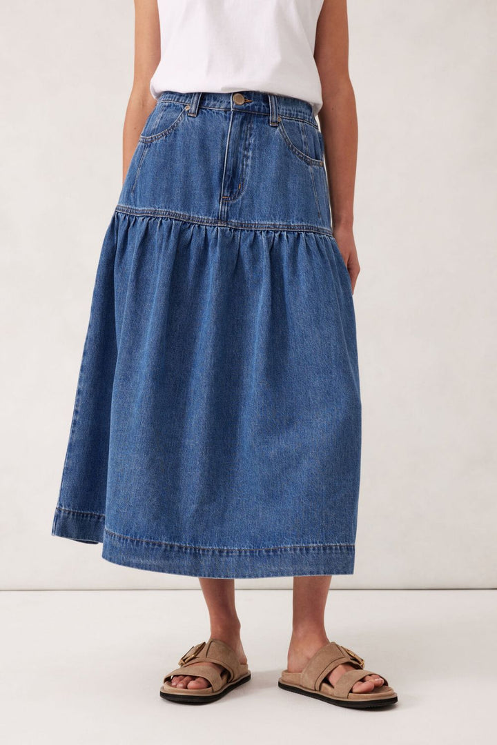 Drop Waist Denim Midi Skirt - Fresh Indigo