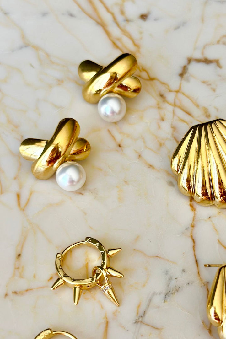 Gold Cross Pearl Studs