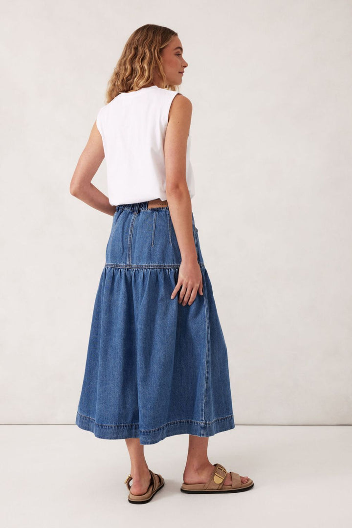 Drop Waist Denim Midi Skirt - Fresh Indigo