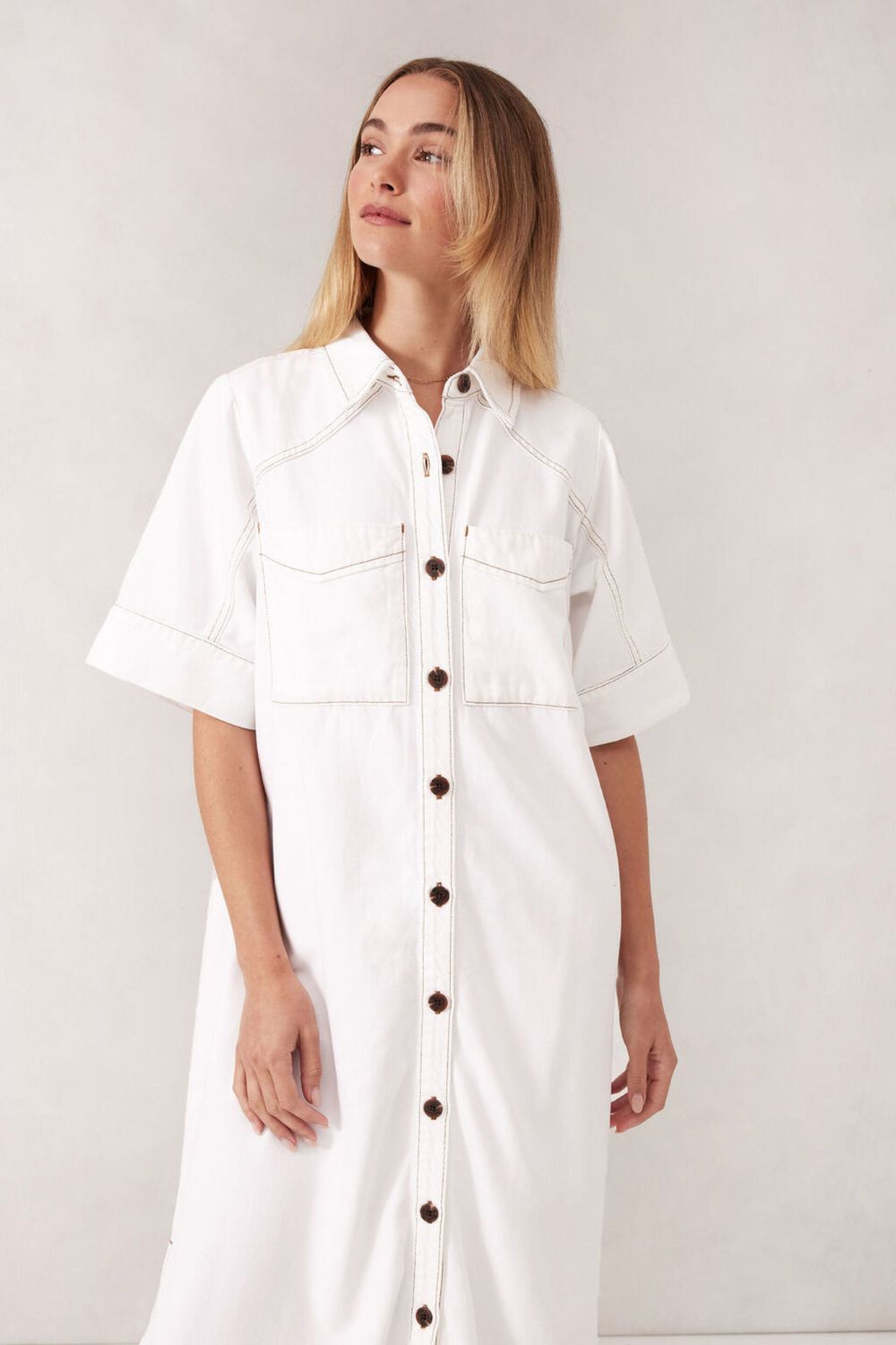 SHORT SLEEVE MIDI DRESS - ECRU