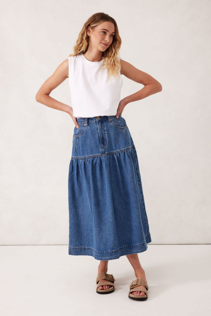 Drop Waist Denim Midi Skirt - Fresh Indigo