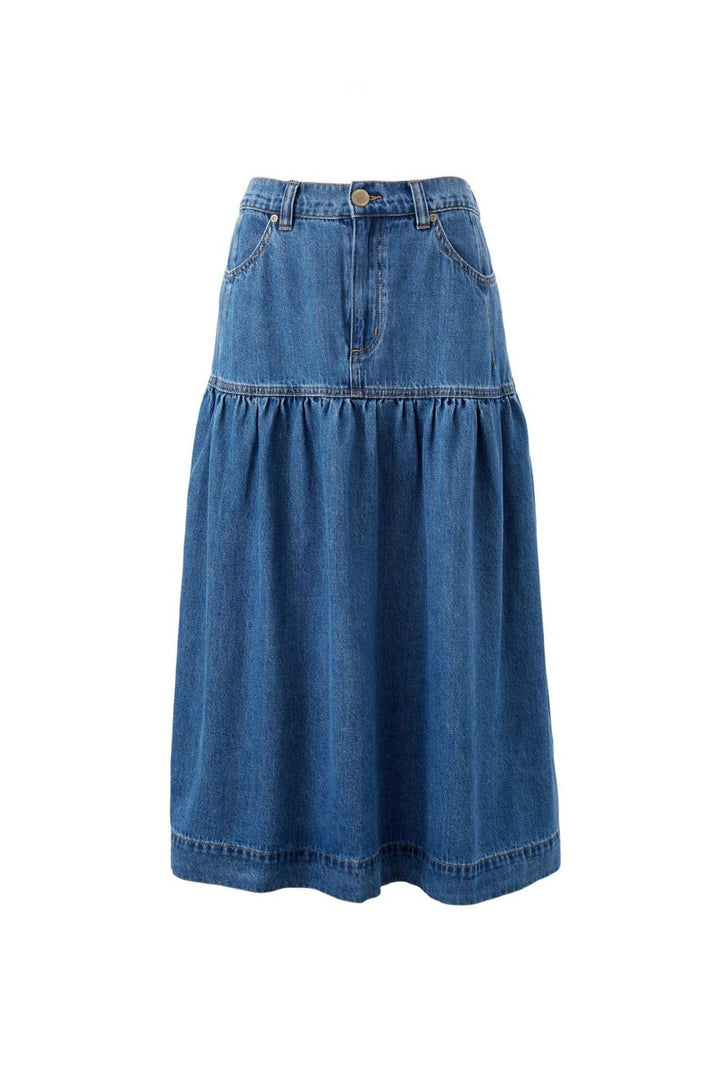 Drop Waist Denim Midi Skirt - Fresh Indigo