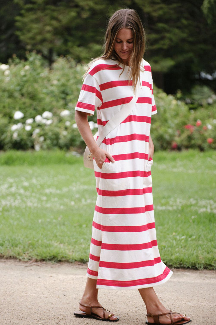 MIDI WHITE AND RED STRIPE DRESS