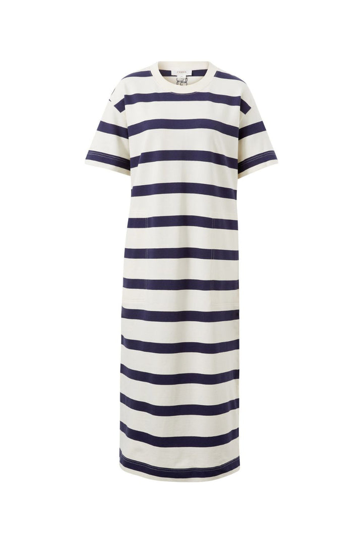 MIDI WHITE AND NAVY STRIPE DRESS