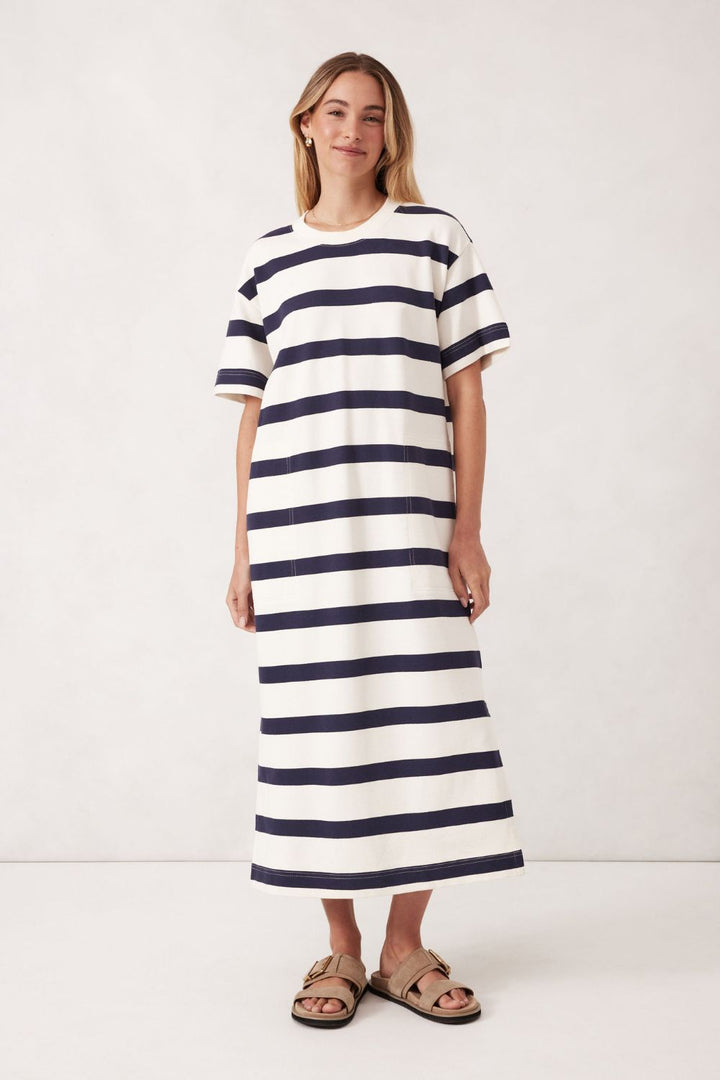 MIDI WHITE AND NAVY STRIPE DRESS