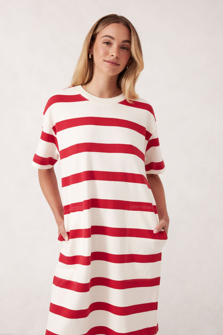 MIDI WHITE AND RED STRIPE DRESS