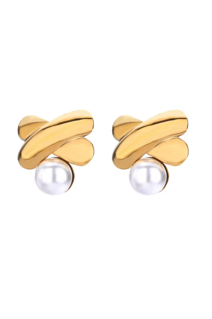 Gold Cross Pearl Studs