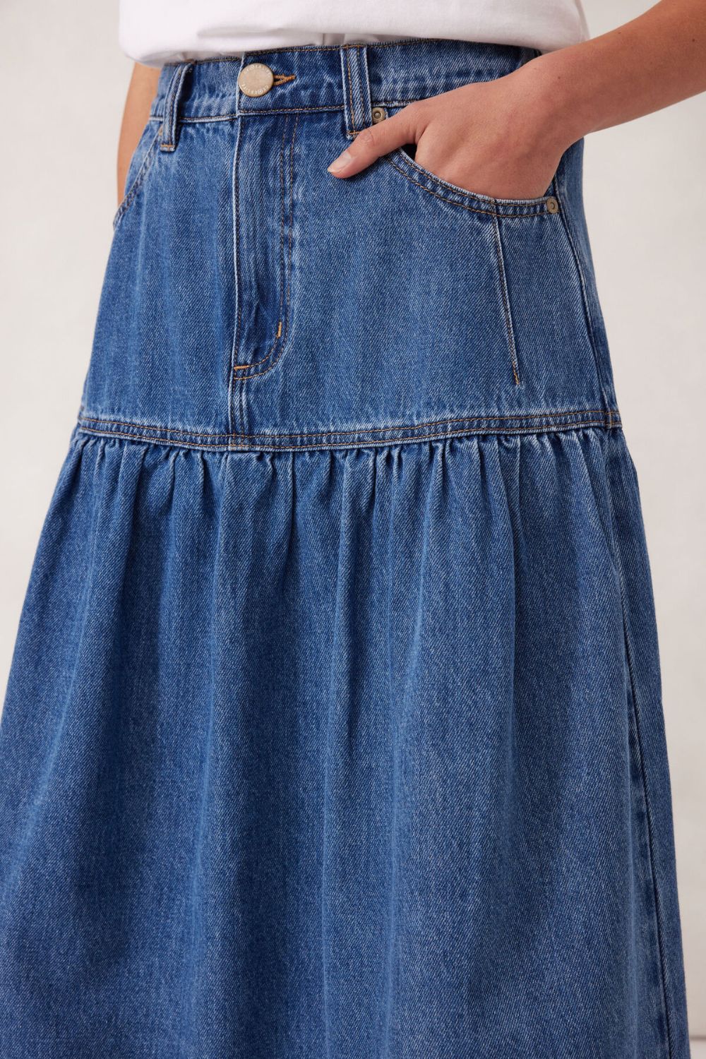 Drop Waist Denim Midi Skirt - Fresh Indigo