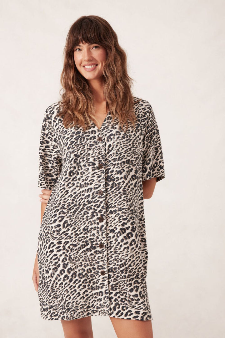 RELAXED SHIRTDRESS - LINEN LEOPARD