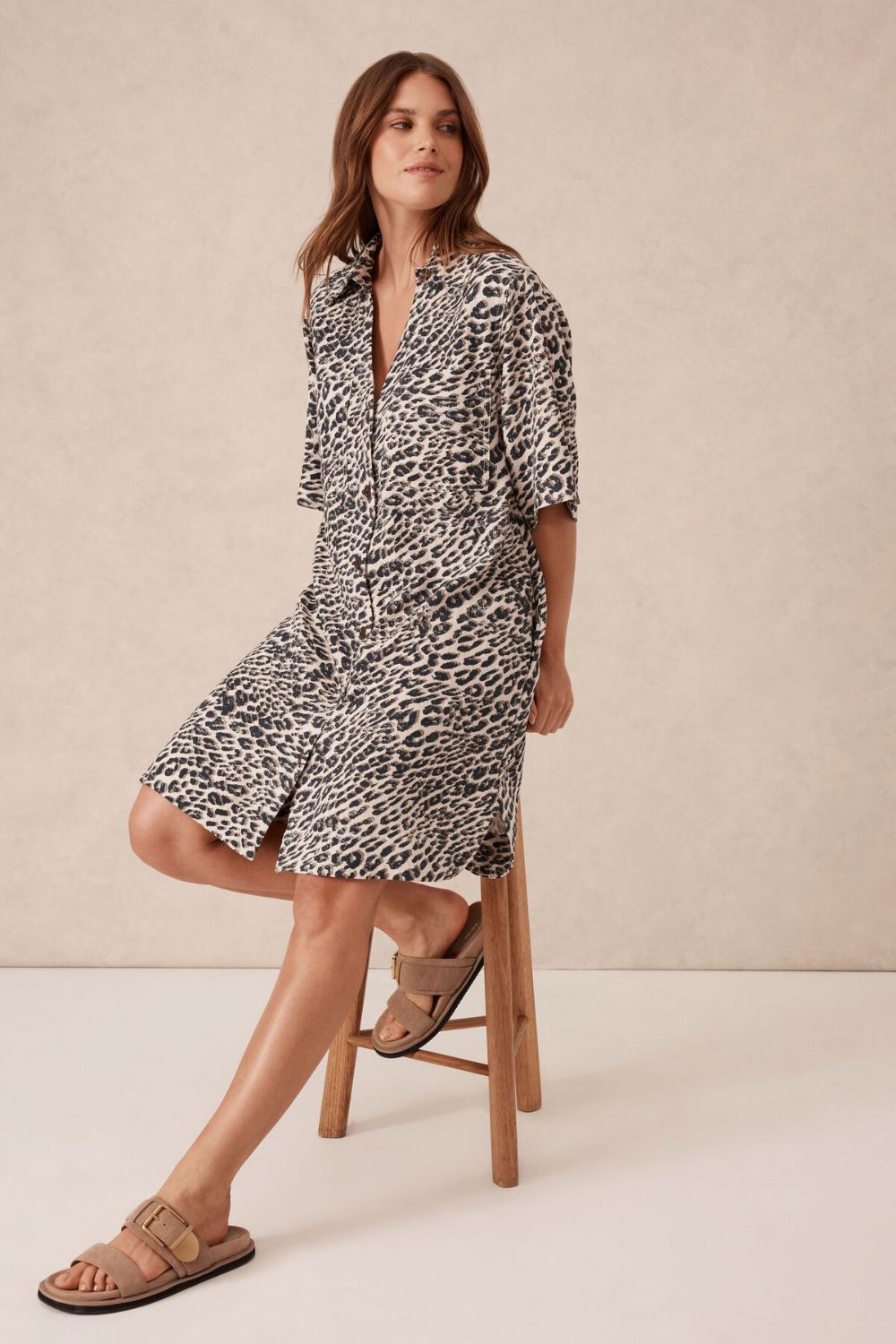 RELAXED SHIRTDRESS - LINEN LEOPARD