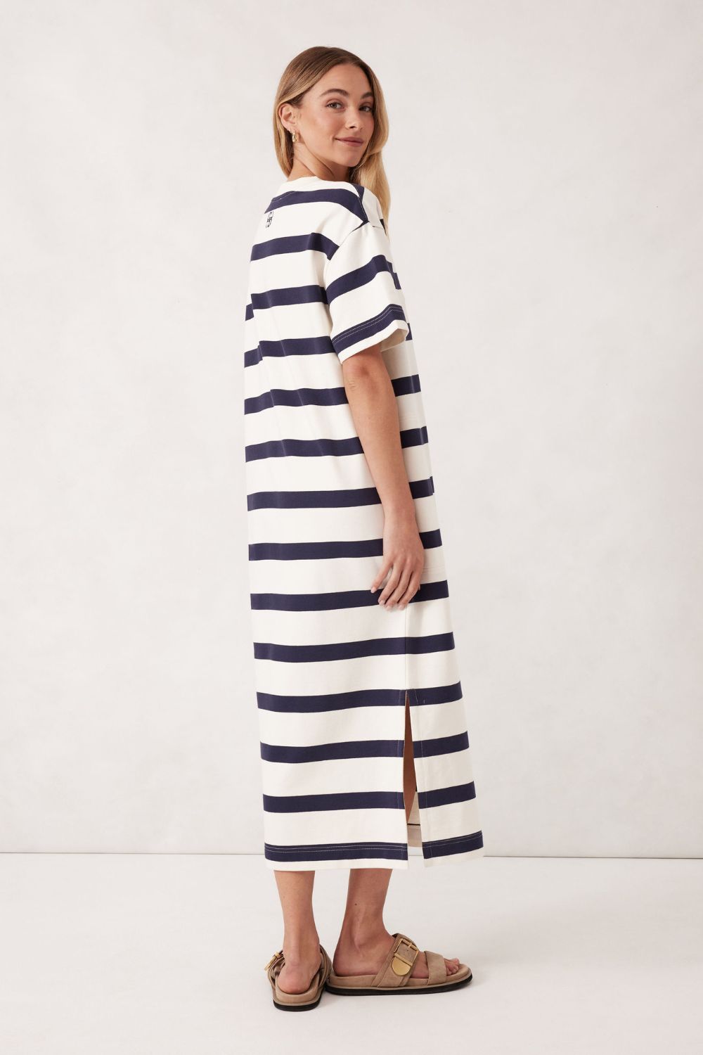 MIDI WHITE AND NAVY STRIPE DRESS