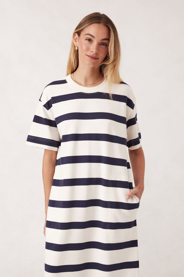 MIDI WHITE AND NAVY STRIPE DRESS