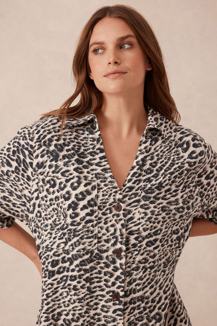 RELAXED SHIRTDRESS - LINEN LEOPARD