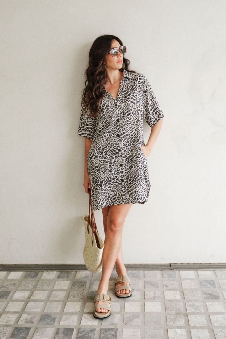 RELAXED SHIRTDRESS - LINEN LEOPARD